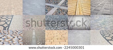 Collection of pictures about different modern an traditional paving for outdoor use made of stone, wood, pebbles and brick 