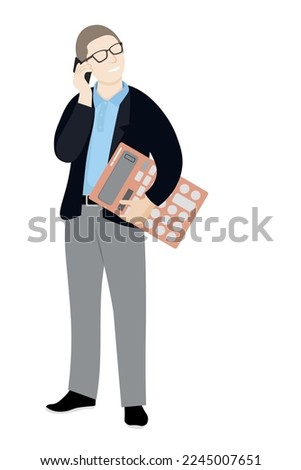 Guy in glasses with a huge calculator in his hands talking on the phone, flat vector, isolate on white, accountant, office worker, faceless illustration Royalty-Free Stock Photo #2245007651