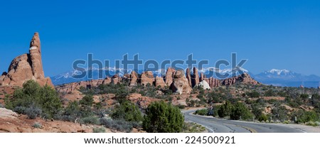 panoramic picture of the road into Parade of Elephants rocks  in  Arches National Park,  Utah, USA