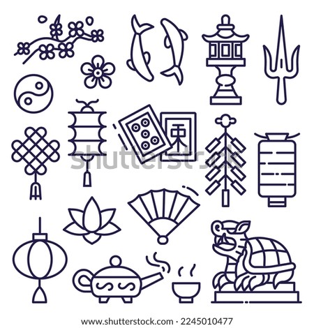 China icons set with religious and astrological clip art elements in line art. Asian cultural and traditional symbols collection.