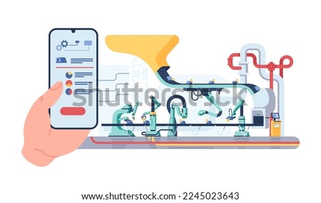Smartphone for assembly line control. Mobile application. Conveyor belt. Automatic industrial production. Engineer monitoring manufacture by phone app. Modern industry