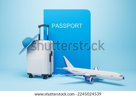 Vacation and travel concept with graphic blue passport cover, white suitcase and plane on light blue background. 3D rendering