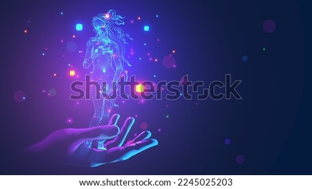AI generated content. Neural network creates pictures. Computer creates generative art images. AI generate Digital Venus Botticelli. Virtual renaissance statue in hand. deep learning neural network. Royalty-Free Stock Photo #2245025203