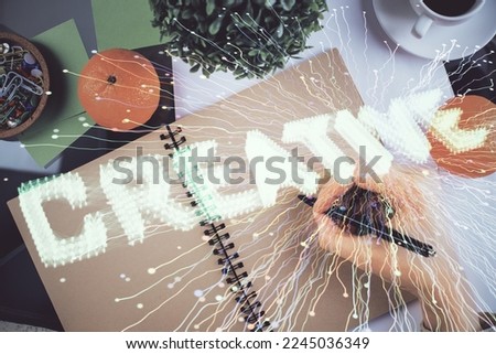 Start up creative drawing over close up hands in notepad background. Concept of brainstorming. Double exposure
