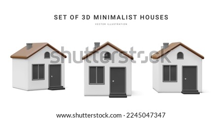 Set of 3d realistic homes isolated on light background. Real estate, mortgage, loan concept. House icons in cartoon minimal style. Vector illustration Royalty-Free Stock Photo #2245047347