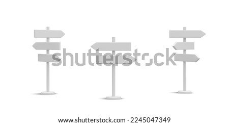 Set of 3d realistic street sign isolated on white background. Direction sign post with arrow. Signboard pointer with wooden pole. Vector illustration