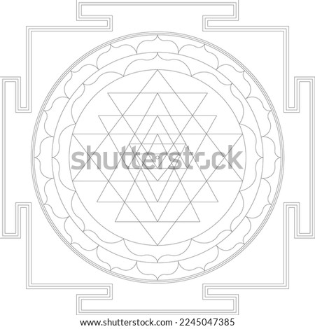 Vector Line Art of Sacred Geometry Sri Yantra Mandala in Black and White Royalty-Free Stock Photo #2245047385