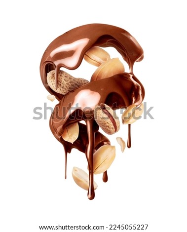 Melted chocolate in a twisted shape with peanut closeup on a white background