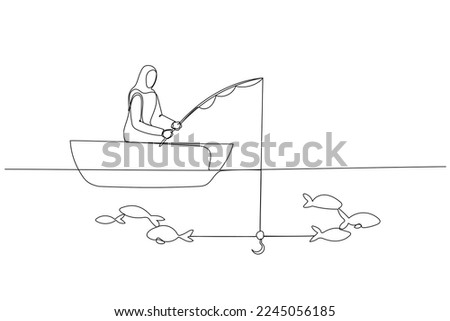 Illustration of muslim woman try to get fish but not getting one concept of unsuccessful. Single line art style