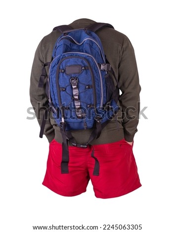 blue backpack,red shorts,dark green summer knitted bomber  jacket isolated on white background. casual wear