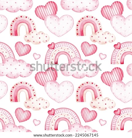 Seamless pattern isolated on white background. Hand drawn by watercolor. Cute rainbows, clouds, hearts and love symbols. Valentine's day digital paper