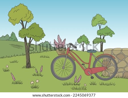 Bicycle in field graphic color landscape sketch illustration vector 