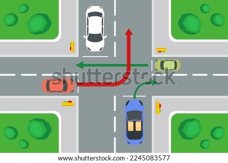Safety car driving rules and tips Turn rules on four-way intersection, always follow traffic rules concept vector illustration.