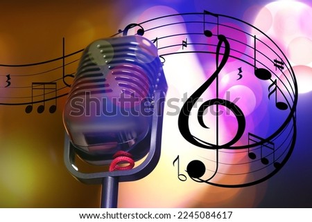 Retro microphone, staff with music notes and other musical symbols against festive lights