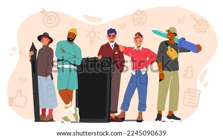 Team of Creative People, Male and Female Characters Designers, Artists, Painters Standing Together with Huge Digital Tablet, Pen and Pipette Ready to Create Projects. Cartoon Vector Illustration Royalty-Free Stock Photo #2245090639