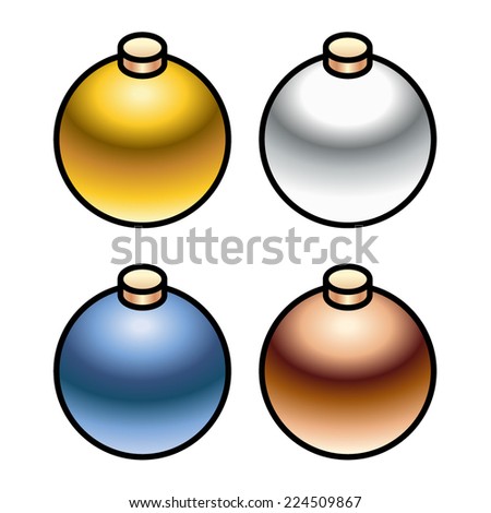 A set of 4 shiny christmas baubles. Metallics: gold, silver, blue steel, and copper.
