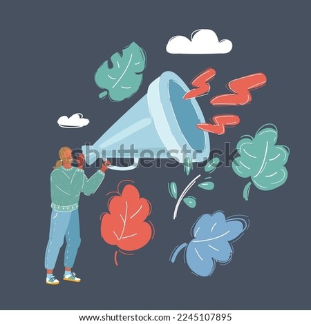 Cartoon vector illustration of man with bullhorn megaphone loudspeaker. Advertising announcement cry information concept.