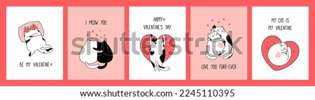 Hand drawn collection romantic greeting cards and posters with cute cats for Valentine's Day and Love. Vector design concept. Outline illustration cartoon style for holiday print.