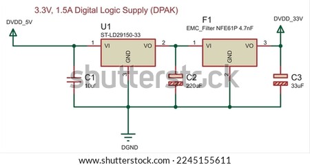 Digital logic power supply.
Schematic diagram of electronic device. 
Vector drawing electrical circuit with 
capacitor, ground and power symbols
and other electronic components. Royalty-Free Stock Photo #2245155611