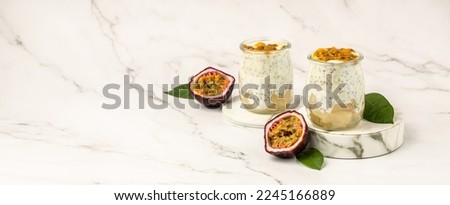 Passion fruit Panna cotta with passion fruit jelly, Italian dessert, Long banner format. top view,