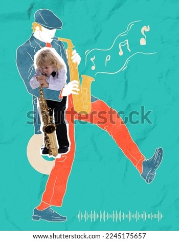 Musicians. Contemporary art collage with little boy, kid playing saxophone over drawn portrait of man. Concept of inner child, childhood and dreams. Music, art. Background with crumpled paper effect