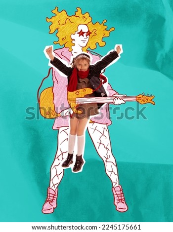 Musicians. Contemporary art collage with happy little girl playing guitar over drawn portrait of woman. Concept of inner child, childhood and dreams. Music, art, fashion and magazine style