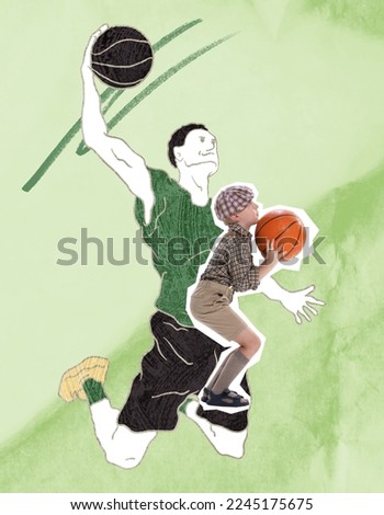 Little boy in vintage clothes playing basketball over drawn portrait of sportsman. Concept of inner child, childhood and dreams. Vintage, retro, sport. Dreams about future career