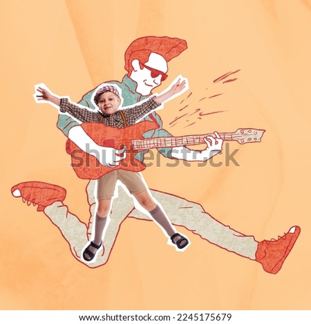 Rock musicians. Artwork with happy little boy playing guitar over drawn portrait of man. Concept of inner child, childhood and dreams. Music, art. Background with crumpled paper effect