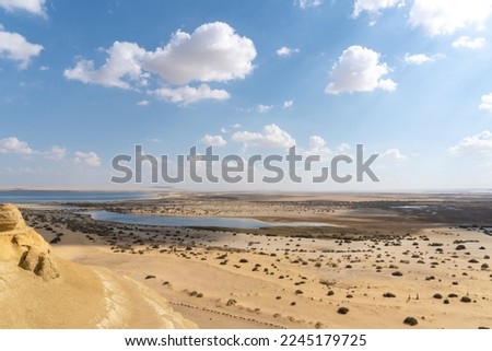 Faiyum desert oasis, seen from the top of a rock formation. Royalty-Free Stock Photo #2245179725