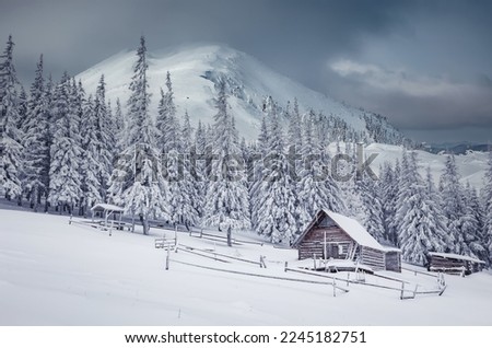 Amazing winter nature scenery. Beautiful winter mountain landscape with traditional mountain hut in the forest on highland and Majestic snowcovered mountain peak on background. Wintry wallpaper.