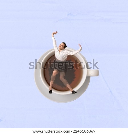 Contemporary art collage. Creative design. Young woman, employee lying inside cup with black tea. Feeling relaxed. Concept of hot drinks, coziness, taste, emotions, lifestyle. Poster, ad