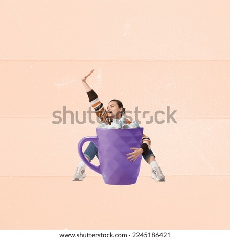 Contemporary art collage. Creative design. Young woman sitting with cup with cocoa or hot chocolate. Marshmallow decorations. Concept of hot drinks, coziness, taste, emotions, lifestyle. Poster, ad