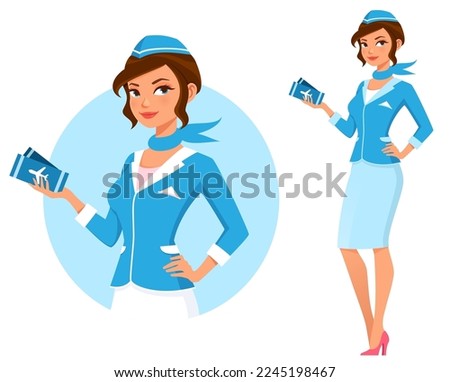 cute cartoon illustration of a beautiful air hostess. Attractive flight attendant in blue uniform, holding plane tickets. Isolated on white. Royalty-Free Stock Photo #2245198467