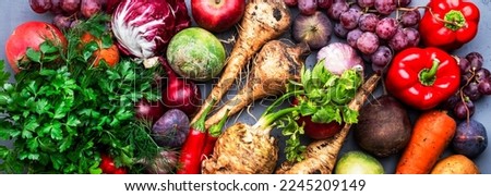 Food background with vegetables, root crops and fruits: celery, carrots, apples, pomegranate, figs, grapes. Harvesting, local farm market shopping, healthy eating concept. Top view Royalty-Free Stock Photo #2245209149
