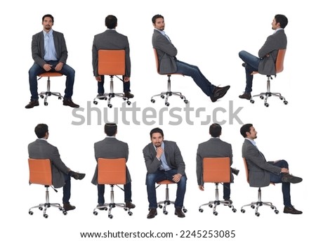 various poses same man with jeans and blazer sitting on chair on white background Royalty-Free Stock Photo #2245253085