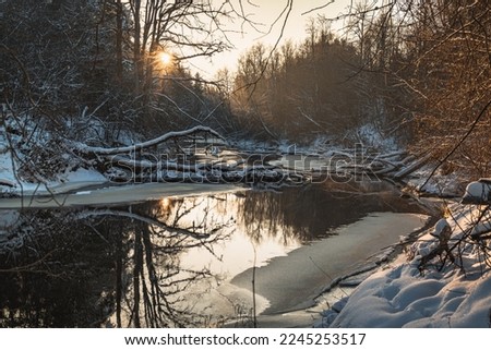 sunrise at winter river fallen trees in frozen water