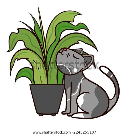 Domestic cat with potted plant in cartoon illustration style.