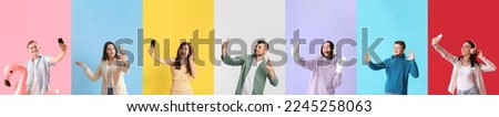 Set of happy people with mobile phones taking selfie on color background Royalty-Free Stock Photo #2245258063