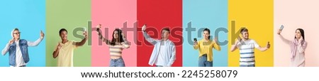 Collection of happy people with mobile phones taking selfie on color background