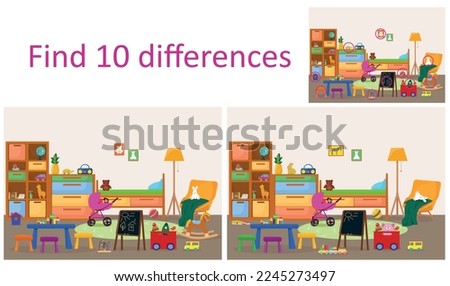 Find 10 differences in the children's room with scattered toys.   Educational games for children.Vector illustration. Royalty-Free Stock Photo #2245273497