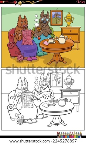 Cartoon illustration of funny senior dogs couple at home comic characters coloring page