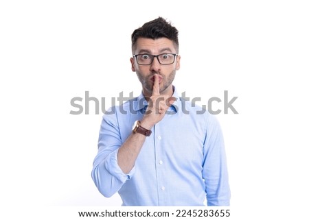 silent man keep secret with hush isolated on white background. silent man keep secret
