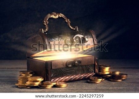 Treasure Chest - Open Ancient Trunk With Golden Coins, old coins in chest
