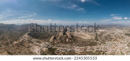 Panoramic view of Peña de Bernal, at the foot of the mountain the magical town of Bernal in Queretaro, Mexico Royalty-Free Stock Photo #2245305533