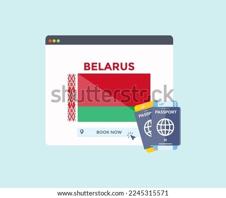 Online booking service on web browser site, trip, travel planning country Belarus national flag logo design. Online reservation of plane tickets. Concept for website vector design and illustration.

