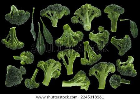 Different types of broccoli on a black background.