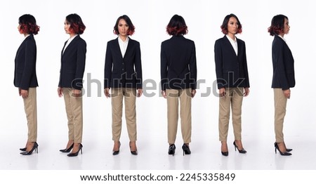 Full length 20s Asian Woman wear formal Business dress blazer high heel shoes. Black short curl hair female feel happy smile fashion vintage, 360 front side rear back over white background isolated Royalty-Free Stock Photo #2245335849