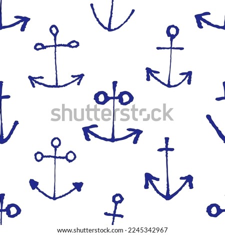 Blue ink ship anchors isolated on white background. Cute monochrome marine seamless pattern. Vector simple flat graphic hand drawn illustration. Texture.
