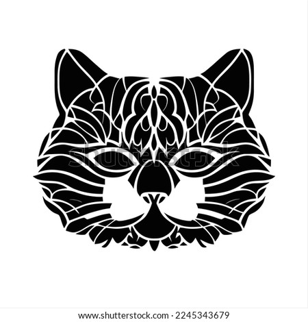 Simpe vector Cat icon. Flat cartoon style. A black and white cat's face with intricate designs on it's face, with a white background