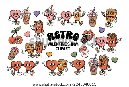 Valentine's Day set of funny vintage characters. Happy and cheerful emotions. Old animation 60s 70s, funny cartoon characters. Trendy illustration in retro style. Vector on isolated background.